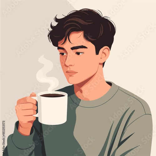 A flat vector illustration of a man enjoying his morning coffee. He sips the hot, tart beverage contentedly, conveying the simple pleasure of a fresh start to the day. Clean lines, minimalist design