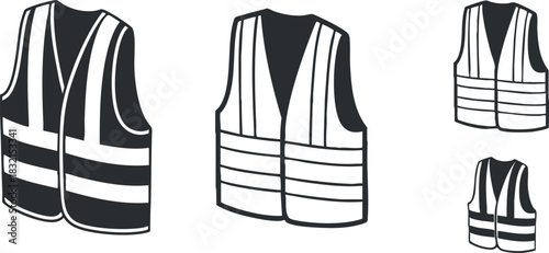 A collection of safety vests in black and white outline vector style, ideal for workwear and safety graphics