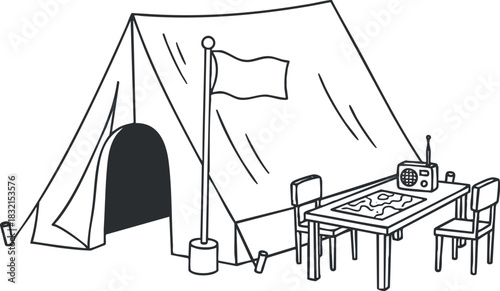 A camping tent with a table and chairs in outline style, suitable for outdoor adventure themes and exploration projects