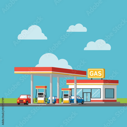 Gas station with cars, fuel pumps, and a store building graphic