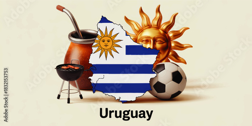 Uruguay culture illustration with national map flag, mate gourd, asado grill, golden sun, soccer ball and beige background design