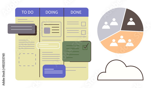 Kanban board with task cards, pie chart for team distribution, and a cloud icon. Ideal for teamwork, task tracking, workflow, collaboration, productivity organization cloud-based tools. A simple