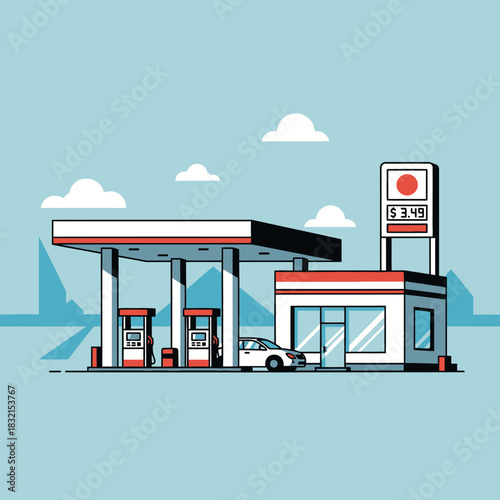 Contemporary gas station with car and fuel price sign vector