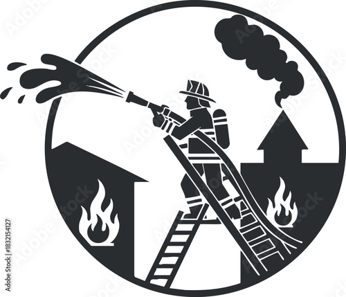 A firefighter on a ladder spraying water on flames in a black and white vector style, ideal for fire safety awareness
