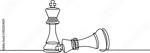 Single Line Drawing of Two Chess King Pieces One Standing One Fallen Keywords: chess, king, piece, game, strategy, board game