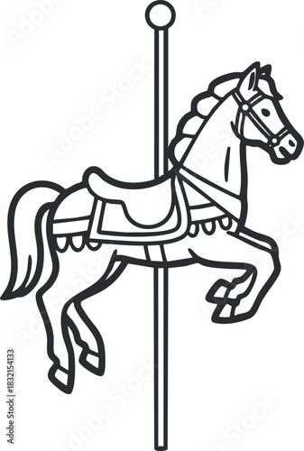 A carousel horse in black and white outline vector style, perfect for carnival and amusement park themes
