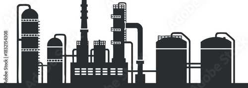 An industrial factory silhouette featuring storage tanks and pipes in black and white outline vector style, suitable for energy and manufacturing projects