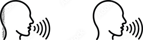 Two Icons Representing Sound Waves Emanating from a Profile Silhouette Keywords: sound waves, audio, speech, voice, communication