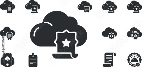 A collection of cloud icons featuring security, data storage, and information symbols in black vector style, ideal for tech-related projects