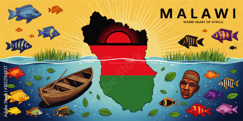 Malawi travel illustration with Lake Malawi cichlid fish, African boat, tribal mask and country map in flag colors