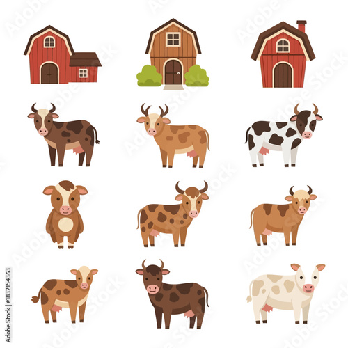 Cartoon cows and barns vector illustration set for farm concepts