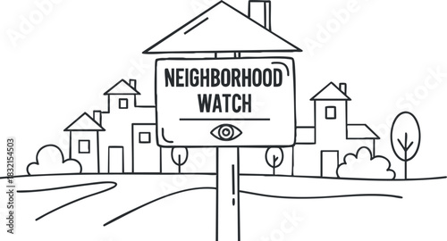 A neighborhood watch sign with a house and trees in minimal outline vector style, suitable for community safety awareness