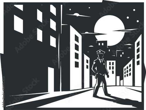A police officer standing on a city street at night with a large moon in black and white minimalist vector style, ideal for crime and safety themes