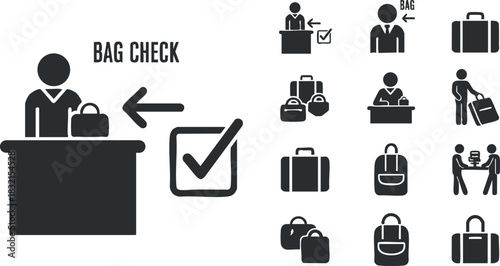 A bag check service illustration featuring a staff member at a counter with luggage icons in flat modern vector style, ideal for travel and security applications