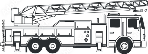 A fire truck with a ladder in black and white outline vector style, suitable for emergency service illustrations