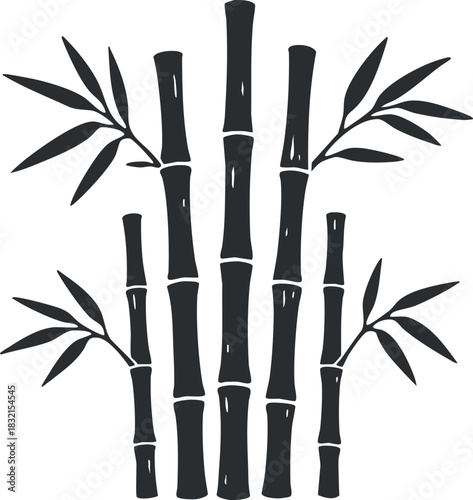 A collection of bamboo stalks and leaves in black and white minimalist vector style, ideal for eco-friendly designs