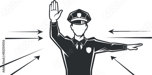 A police officer signaling to stop traffic in a black and white vector style, suitable for safety signage and public service materials