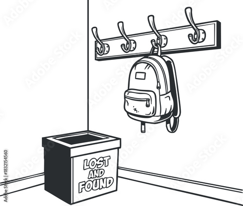 A minimalist outline illustration of a lost and found area featuring a backpack hanging on hooks and a storage box labeled 'Lost and Found'