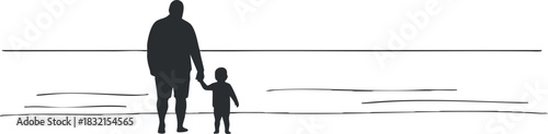 A silhouette of a parent and child walking hand in hand along the beach in minimalist vector style, perfect for family-themed designs