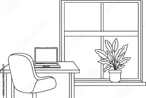 A minimalist home office workspace featuring a desk with a computer, an ergonomic chair, and a potted plant by the window in line art style