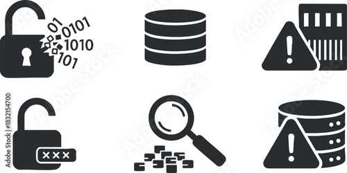 A collection of security and data protection icons in black and white vector style, suitable for technology and cybersecurity projects