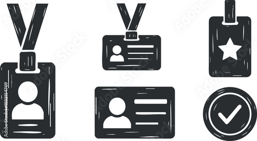 A collection of identity badges and cards in black and white vector style, ideal for security and professional use