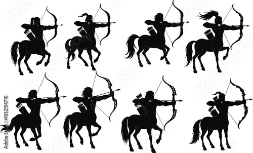 Centaur Archer Silhouettes with Bows and Quivers, Black Figures in Dynamic Poses, Mythical Warrior Design, Fantasy Combat Theme, Stylized Motion