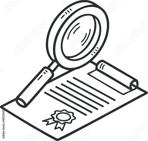 A magnifying glass over a rolled certificate document with a seal in clean outline vector style, suitable for educational and professional use