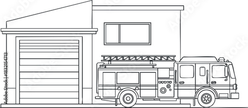 A fire truck next to a modern fire station in outline black and white vector style, suitable for emergency services graphics