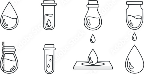 A collection of outline icons illustrating various water drops, test tubes, and bottles in minimalist vector style, suitable for scientific and educational projects