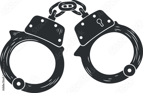 A pair of handcuffs in black and white minimalist vector style, suitable for law enforcement and justice themes