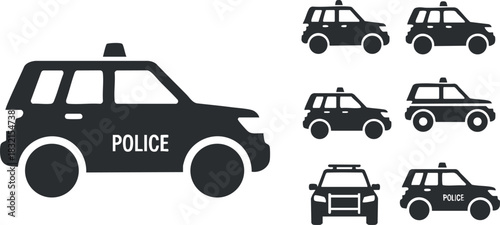 A collection of police cars in black and white flat vector style, suitable for law enforcement graphics and design