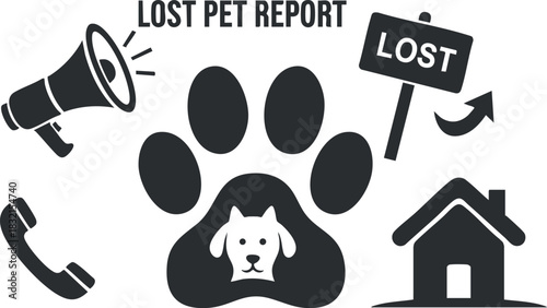 A lost pet report illustration featuring a paw print, megaphone, phone, house, and lost sign in black and white vector style, suitable for community awareness and notifications