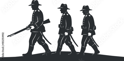 A group of three marching soldiers in black silhouette vector style, ideal for military-themed designs and historical illustrations