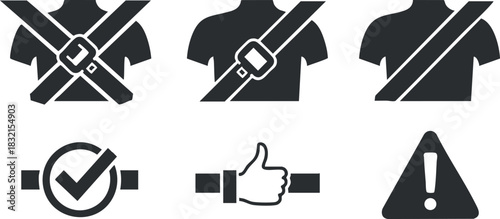 A collection of seatbelt safety icons in black and white minimalist vector style, suitable for transportation and safety awareness materials