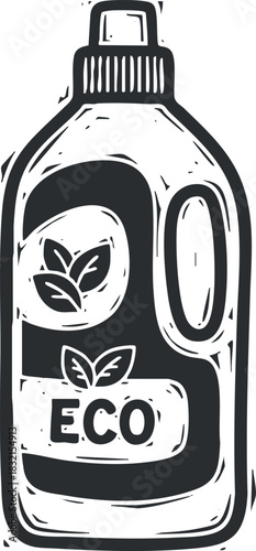 An eco-friendly cleaning product bottle with a leaf design in black and white minimalist vector style, suitable for environmental branding