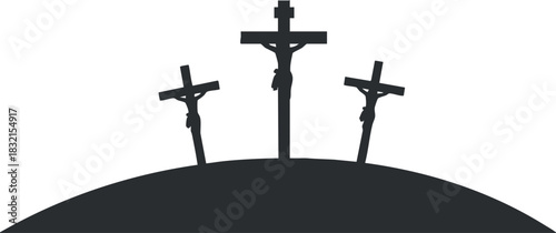 A silhouette of three crosses on a hill in minimalist vector style, ideal for religious themes and designs