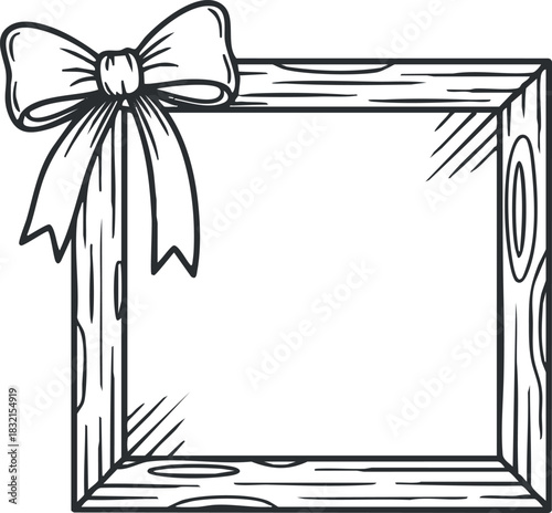 A decorative wooden frame with a bow in hand-drawn outline vector style, ideal for crafting and design projects