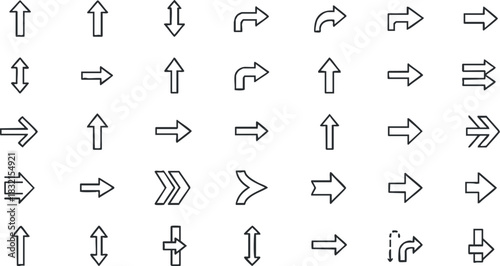 A collection of various arrow icons in black outline vector style, suitable for navigation and user interface design