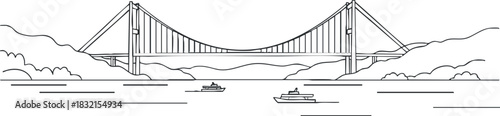 A cable-stayed bridge over water with boats in a minimalist black and white outline style, ideal for travel and architecture projects