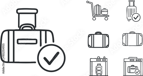 A collection of luggage and suitcase icons featuring checkmarks in minimalist outline vector style, perfect for travel and tourism applications