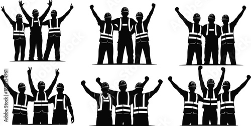 Construction Workers Celebrating in Silhouettes, Black Team Unity Scene, Safety Vests and Helmets, Victory Gestures, Labor Success, Collaboration, Industrial Spirit