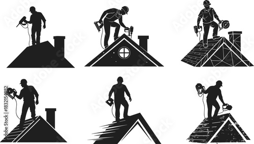 Construction Workers on Rooftops Silhouettes, Black-and-White Power Tool Scene, Nail Gun, Drill, Safety Gear, Architecture, Labor, Roofing, Chimney, Window