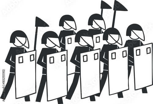 A group of cartoon soldiers marching with shields and spears in black and white minimalist vector style, suitable for historical illustrations