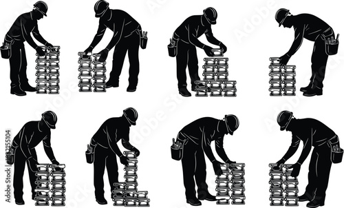 Construction Workers Stacking Bricks Silhouettes, Black Industrial Labor Scene, Hard Hats, Tool Belts, Physical Effort, Posture, Building Process, Safety, Technique