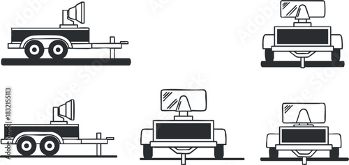 A collection of flatbed trailer illustrations from multiple angles in black and white vector style, suitable for transportation and logistics themes