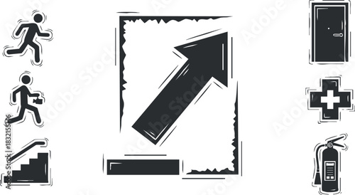 A collection of emergency exit signs featuring arrows, stairs, and doors in black and white minimalist vector style, suitable for safety and navigation design