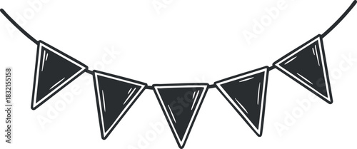 A set of hand-drawn triangular bunting flags in black outline minimalist vector style, perfect for festive celebrations and event decor