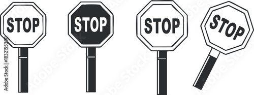 A set of four stop signs in various styles including outline and filled black and white vector design, suitable for traffic and safety-related projects