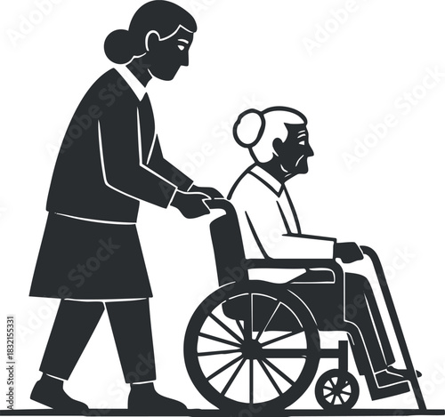 A caregiver assisting an elderly woman in a wheelchair in black and white flat vector style, suitable for healthcare and nursing illustrations